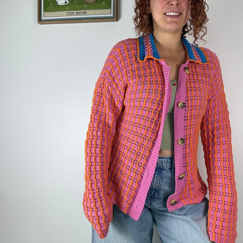 Pink and orange crochet sweater cardigan with collar XL